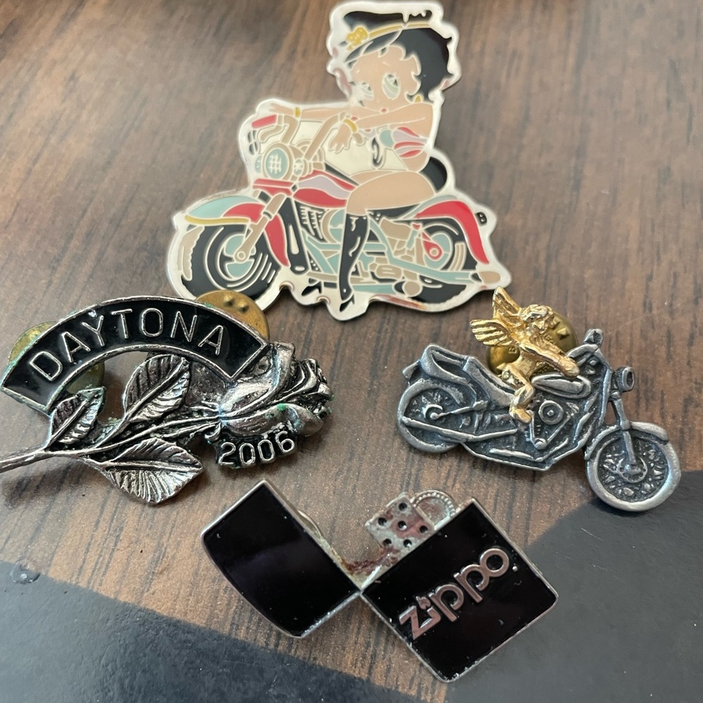 Vintage Black and Silver Motorcycle Pin Collection